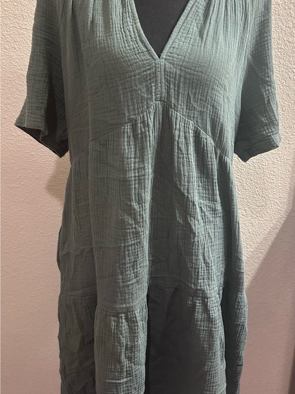 GAP Sage Green Gauze V-Neck Tiered Midi Dress